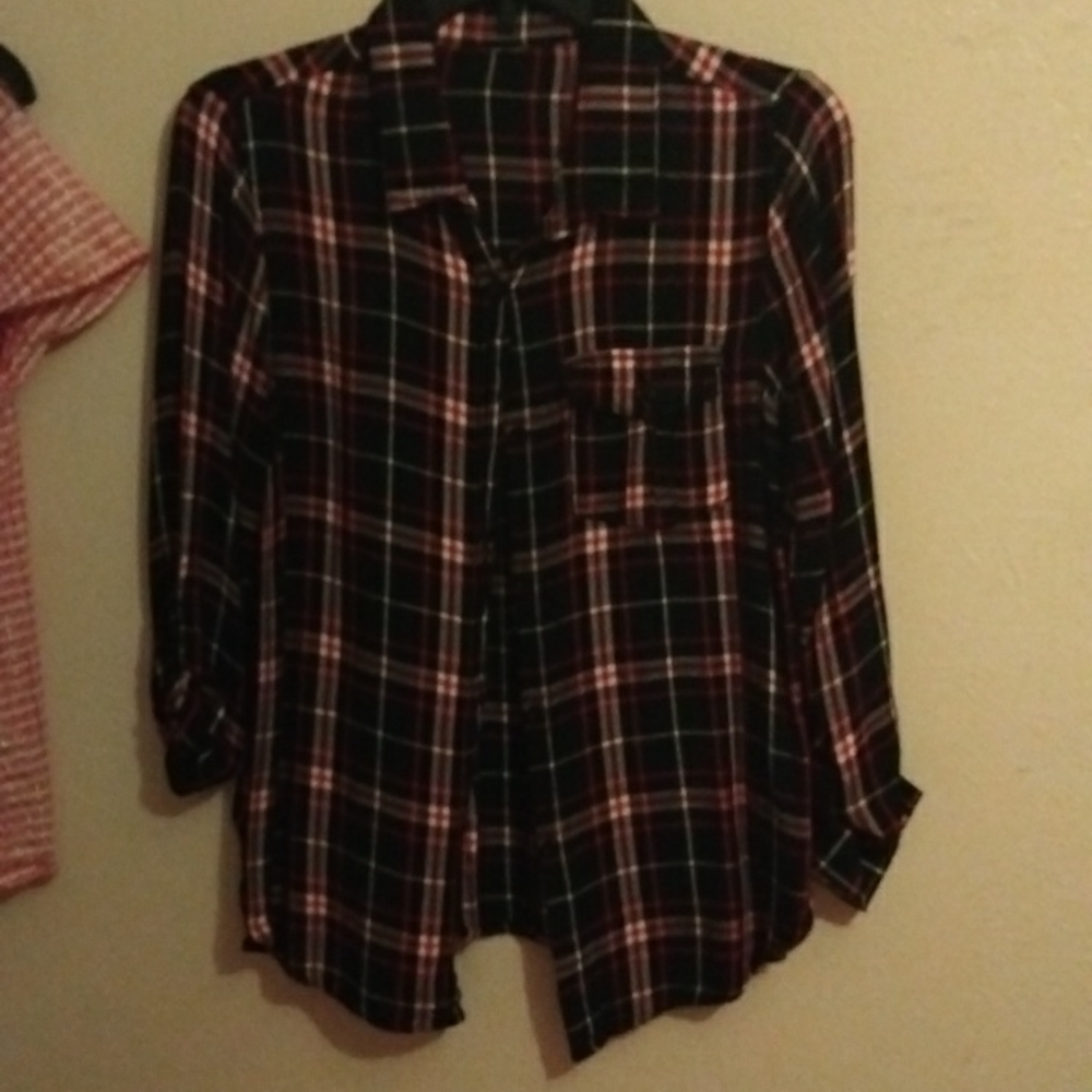 A red, black, white striped flannel
